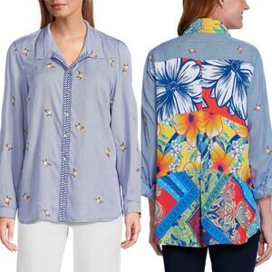 John Mark NWT Embroidered Button Down Top Printed Back Blue Stripe Plus Size 2X